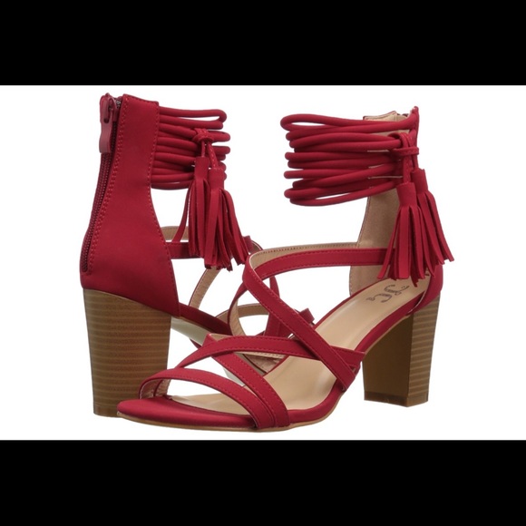 Red Tassel Strapy Chunky Heels Sandals 8.5M NWB - Picture 4 of 5